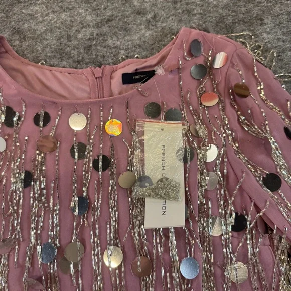 French Connection Formal Silk Long Sleeve Sequin Fringe Western Mini Dress - Picture 3 of 5